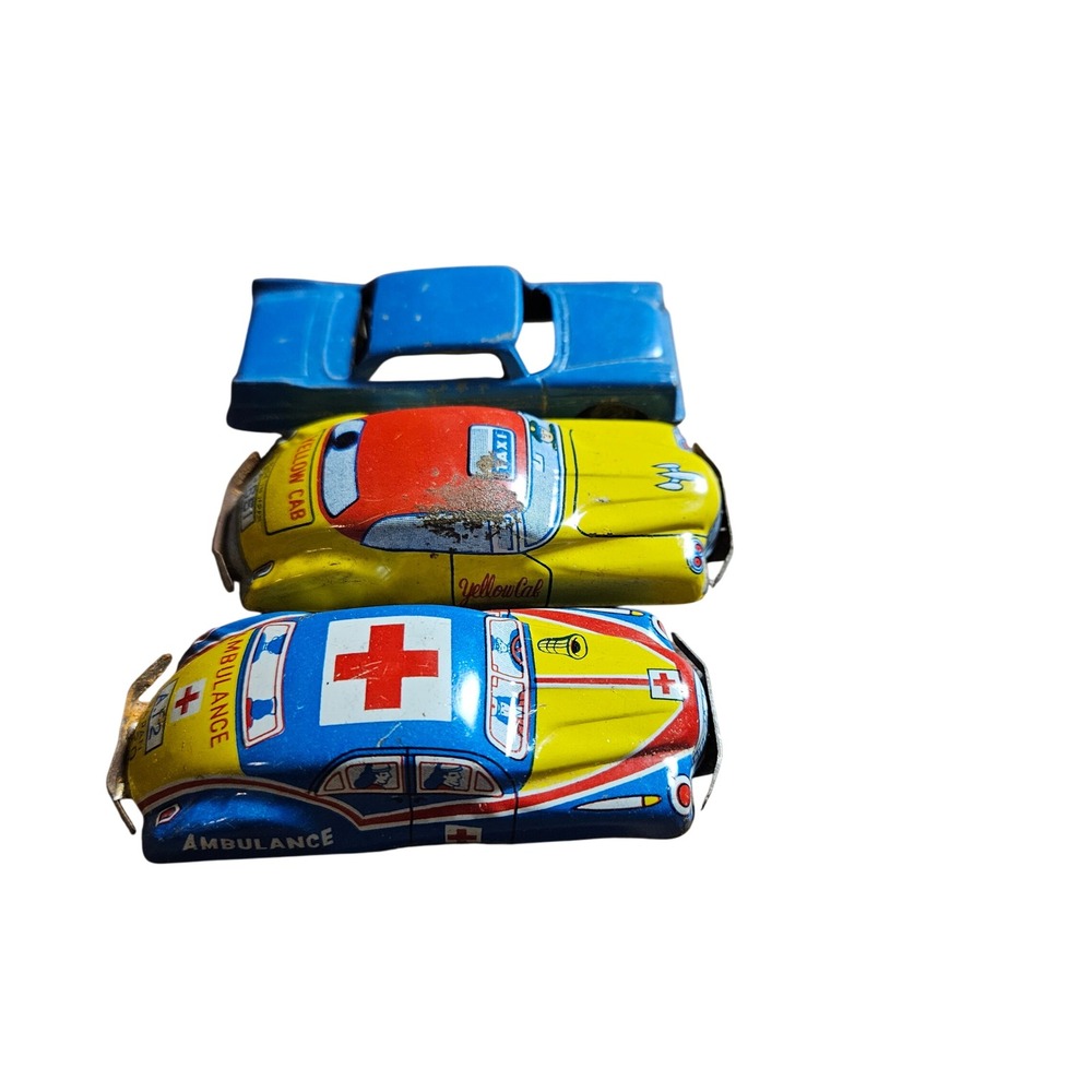 Lot of 3 VTG Tin Litho Toy Cars Japan Ambulance, Yellow Cab, Tootsietoy Plymouth